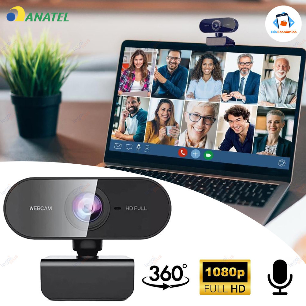 Webcam Full HD 1080p com Microfone Embutido Rotação 360° Ajuste Livre para PC Notebook Home Office em Oferta na Shopee
