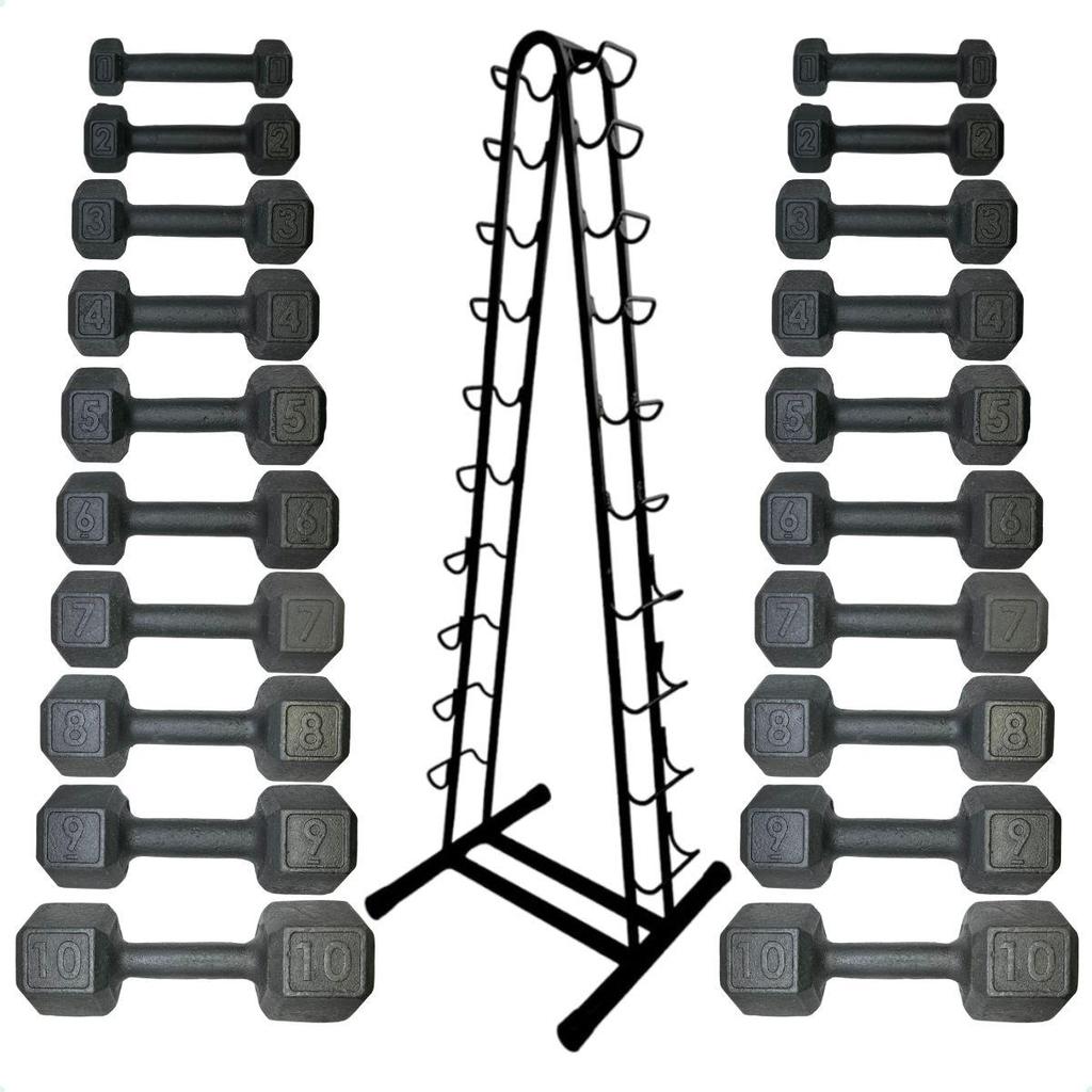 Torre Suporte + Halteres Sextavado de Ferro Fundido - Pares de 1 a 10 Kg