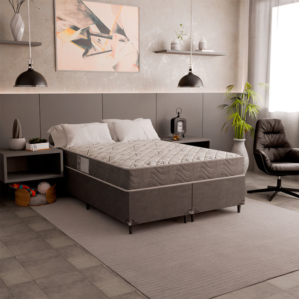 Cama Box Casal Bipartido + Colchão D33 One Face - Suede Cinza em Oferta na Shopee