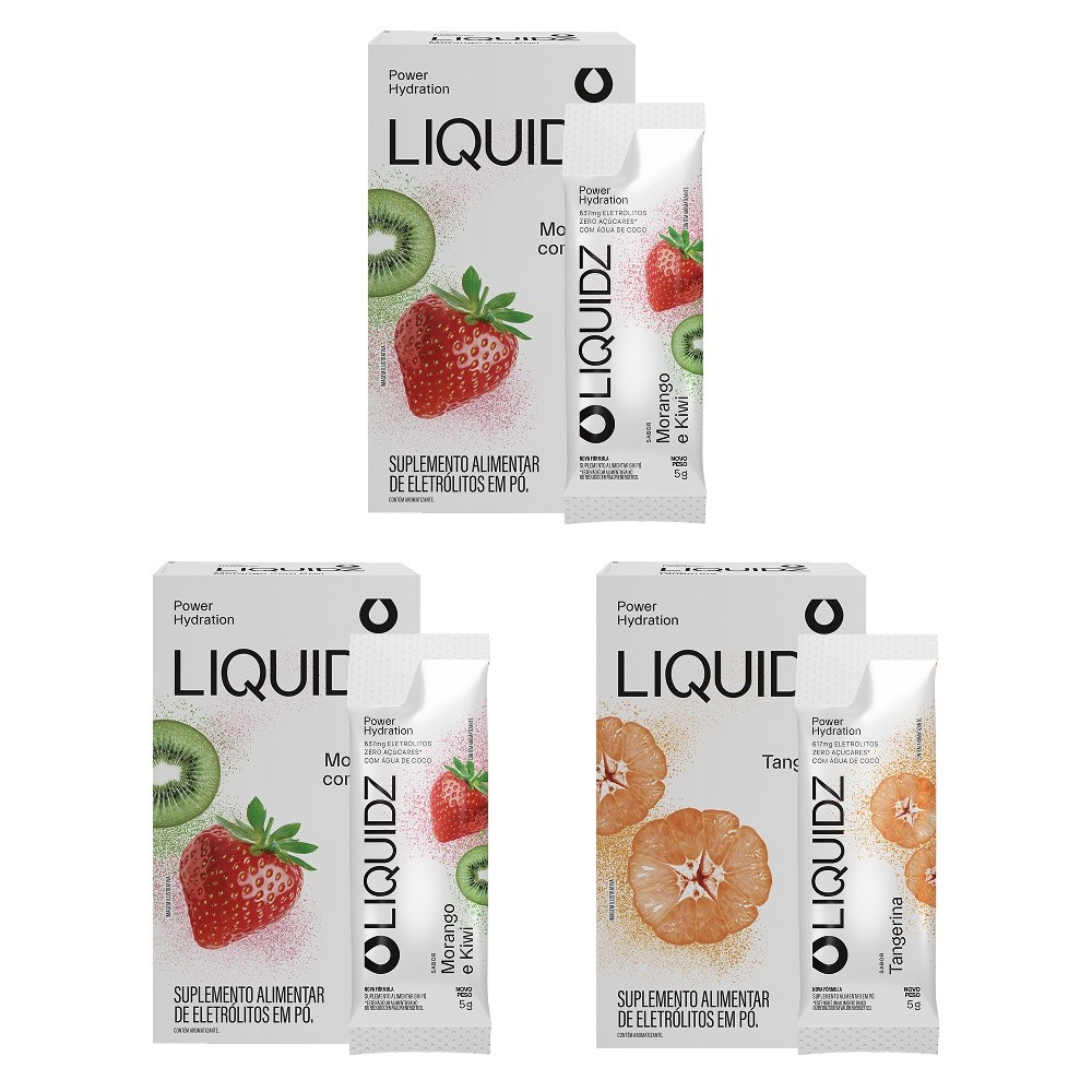 LIQUIDZ® - Eletrólitos Zero Açúcares - Morango | Tangerina - Kit 3 Caixas 18 sac