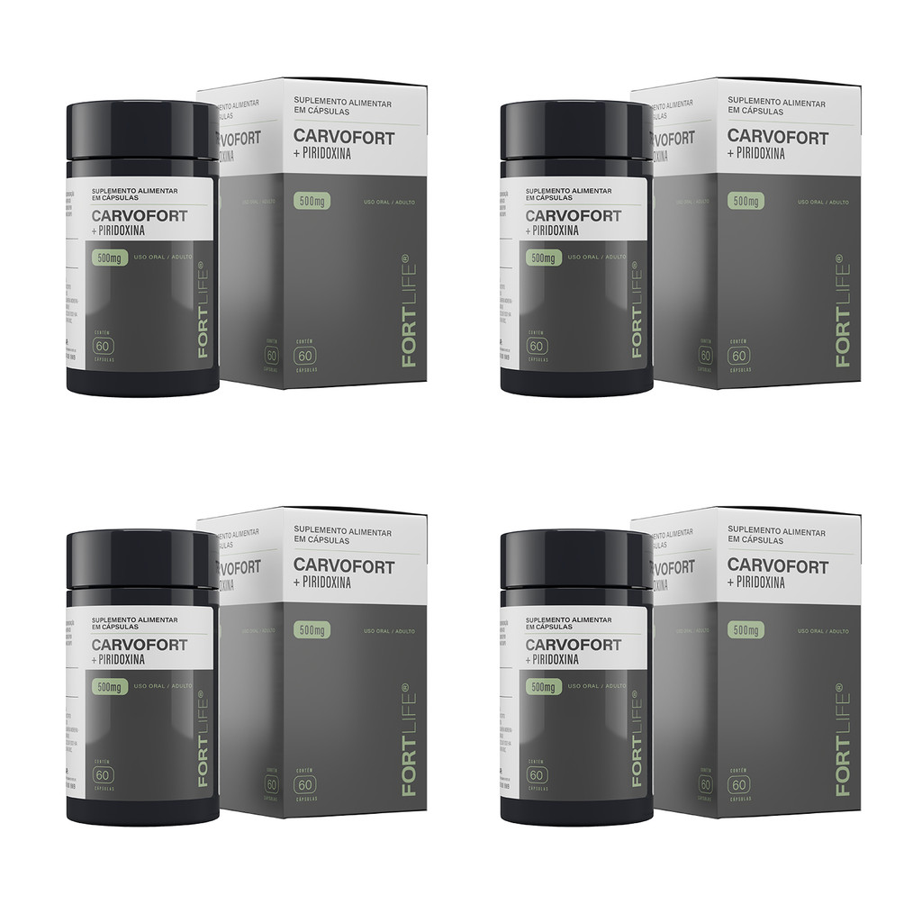 Kit 4 CarvoFort Piridoxina 1X + Carvão Ativado 500mg 60 Cápsulas FortLife
