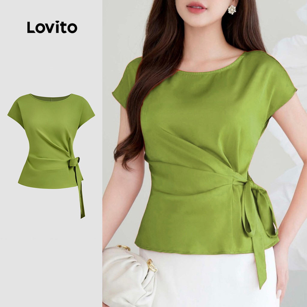 (Elegante) Lovito Blusa com Amarração e Pregas Primavera/verão Verde para Mulher
