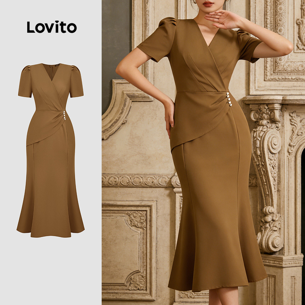 Lovito Vestido Elegante Assimétrico Marrom Primavera/verão para Mulheres LK2ED203
