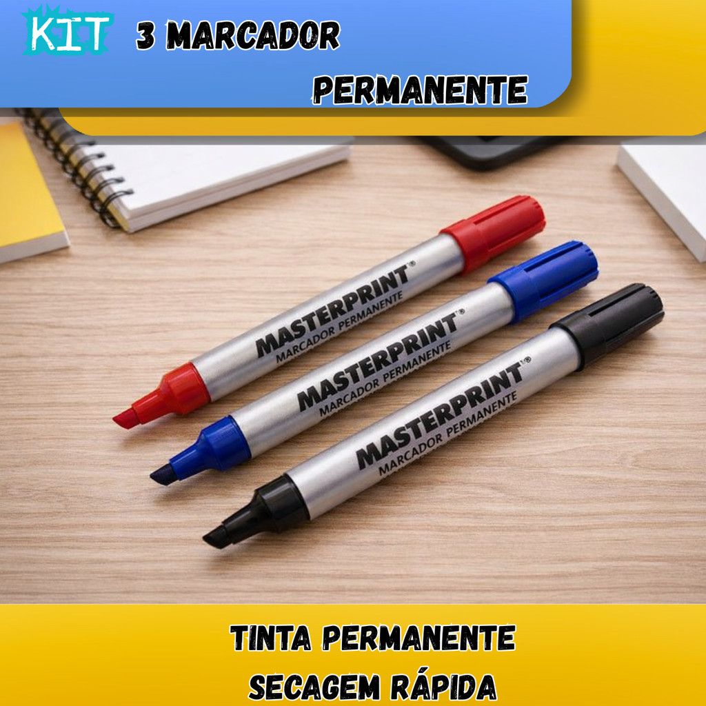 Kit Contém 3 Canetas Escrita Marcador Permanente Secagem Rápida  Alta Fixação Azul/Vermelha/Preto