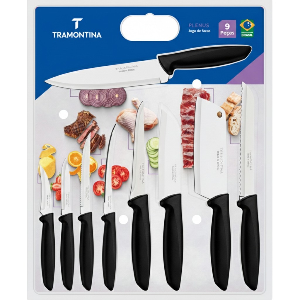 Kit Jogo de Facas Faqueiro Tramontina Plenus 9 Peças Sortidas Chef Carnes Pão Frutas Aço Inox Preto · foto 2