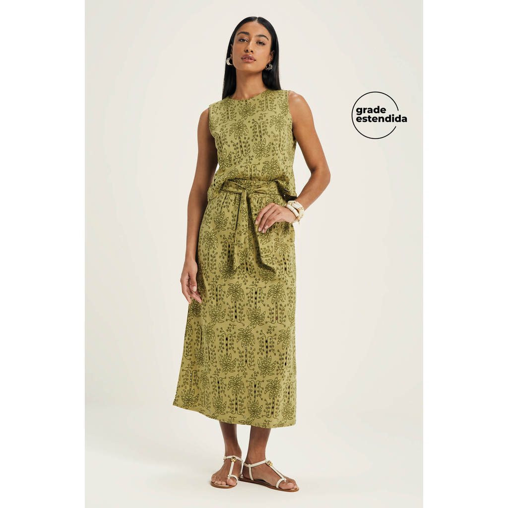 Saia Midi Feminina Tropical Devorê Marialícia Verde