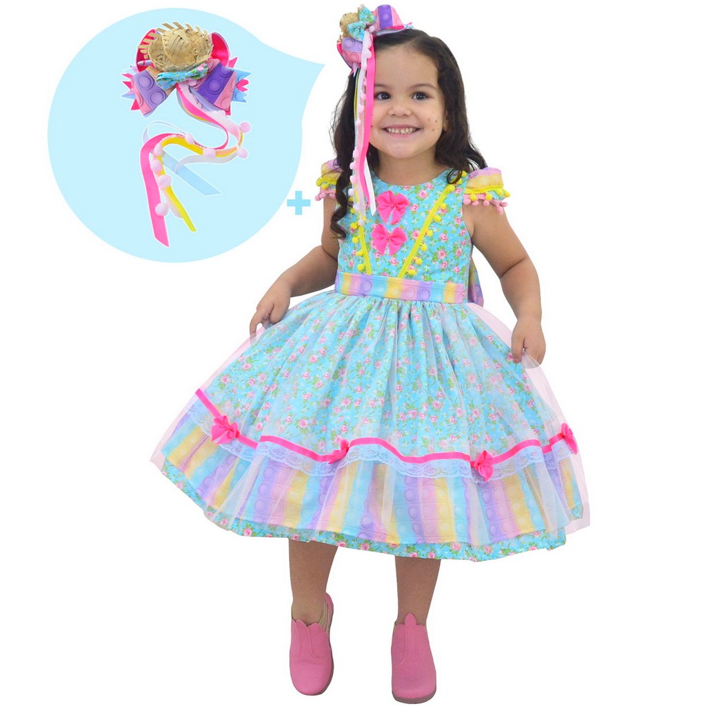 Vestido infantil Festa Junina Pop IT + 1 Laço  + saia de filó
