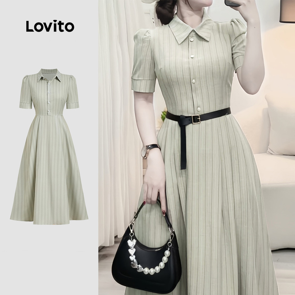 Lovito  Vestido Feminino Primavera/verão com Botões e Pregas Elegantes L178ED2098 em Oferta na Shopee
