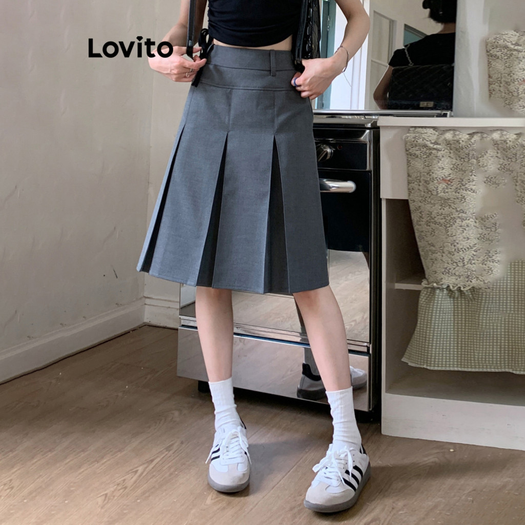 Lovito Saias Casuais Saias Básicas Plissadas Lisas Para Mulheres LNE29157 (Cinza) em Oferta na Shopee