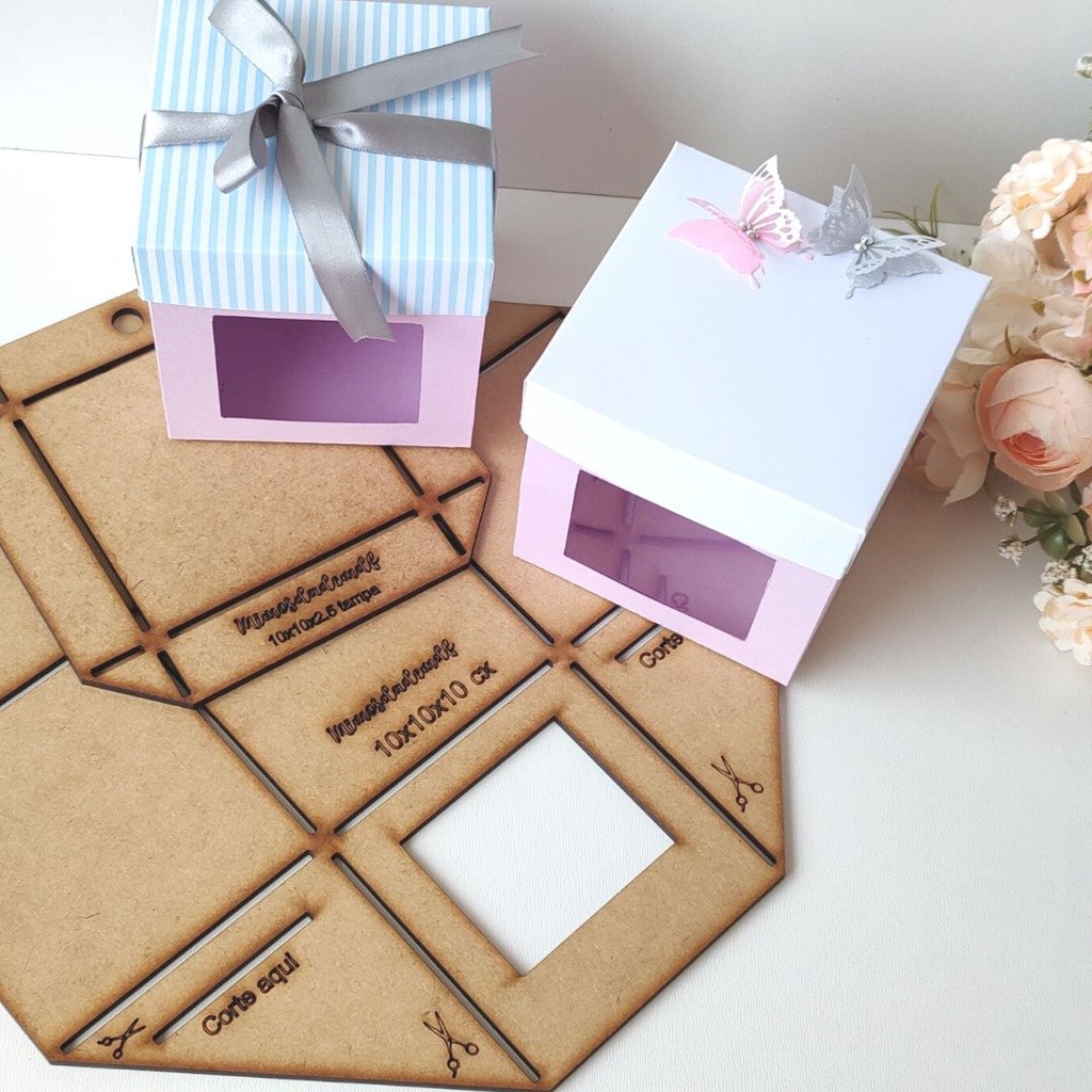Molde MDF gabarito caixa cubo  com visor-10x10x10 para caixas de canecas  e presente.