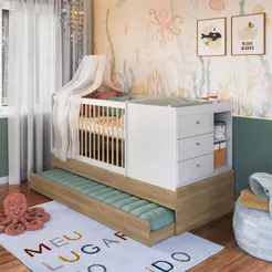 Berço Americano Multifuncional com Cômoda Integrada com Trocador e Cama Auxiliar Aveiro com Branco