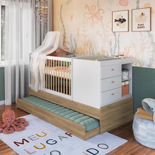 Berço Infantil Multifuncional Menino Menina 194cm com Cômoda, Trocador e Cama Auxiliar Aveiro/Branco em Oferta na Shopee