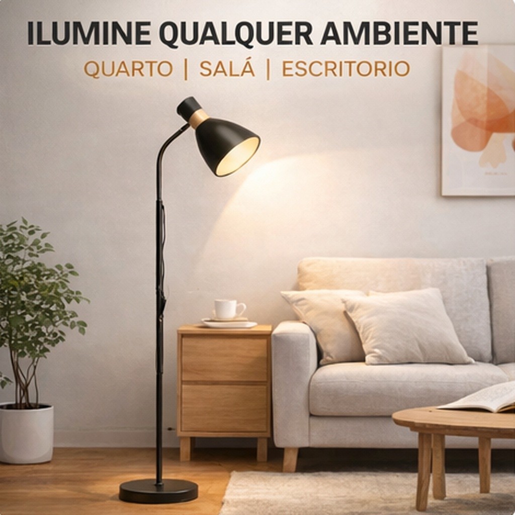 Luminária de Chão 150cm E27 40W Bivolt Abajur de Piso Moderno em Metal para Sala Quarto Escritório