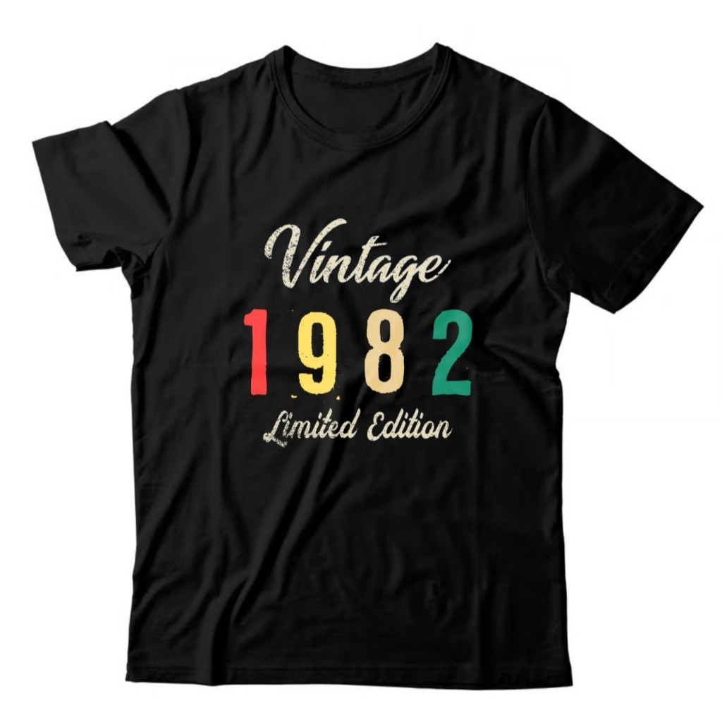 Camiseta Camisa Algodão T-shirt Camisa Camiseta Feminina Masculina Preta Algodão Básica Casual Frase 1982 Vintage 80s Es