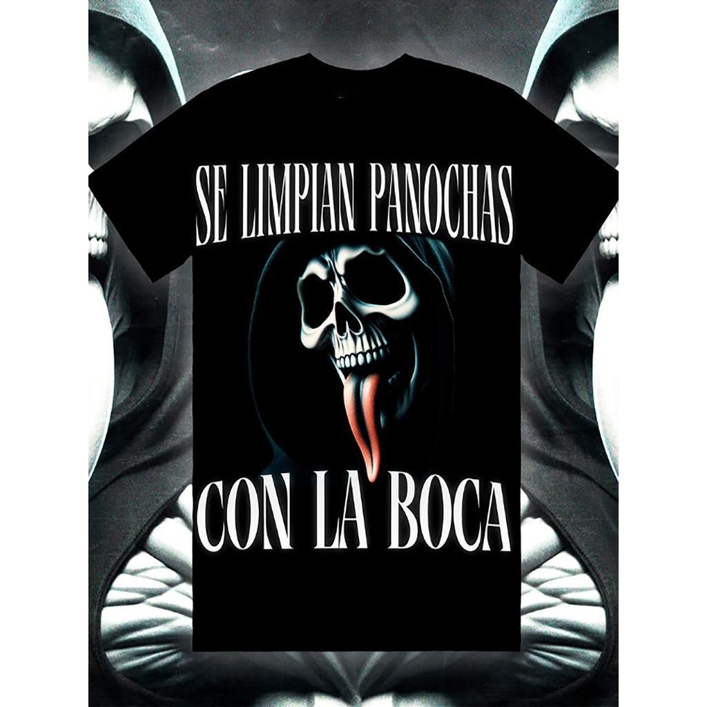 Camiseta grunge vintage gótica com estampa de caveira - Design "Se Limpian Panochascon La Boca", camiseta casual preta c