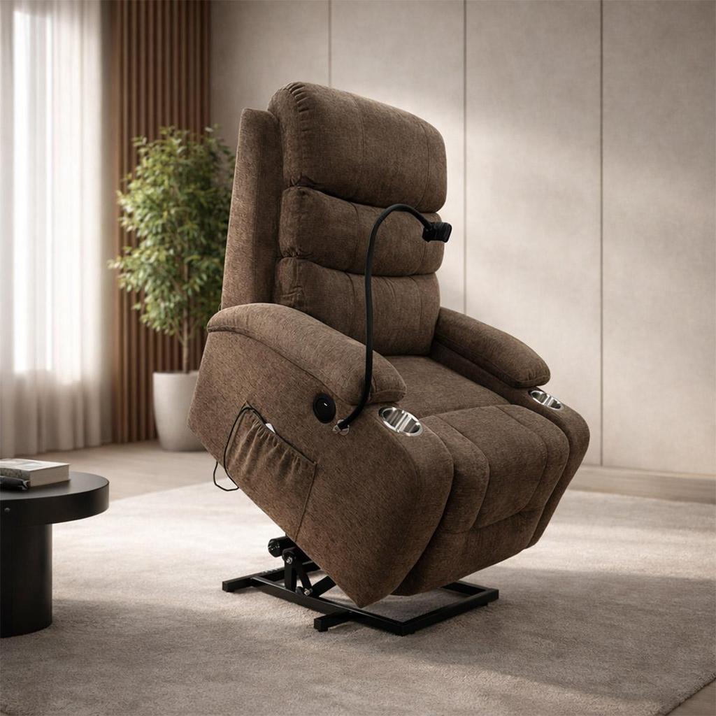 Imagem Poltrona do Papai Reclinável Lift Austin Massagem e Elevação USB Suporte para Celular Soft Linho Marrom G11 - Gran Belo
