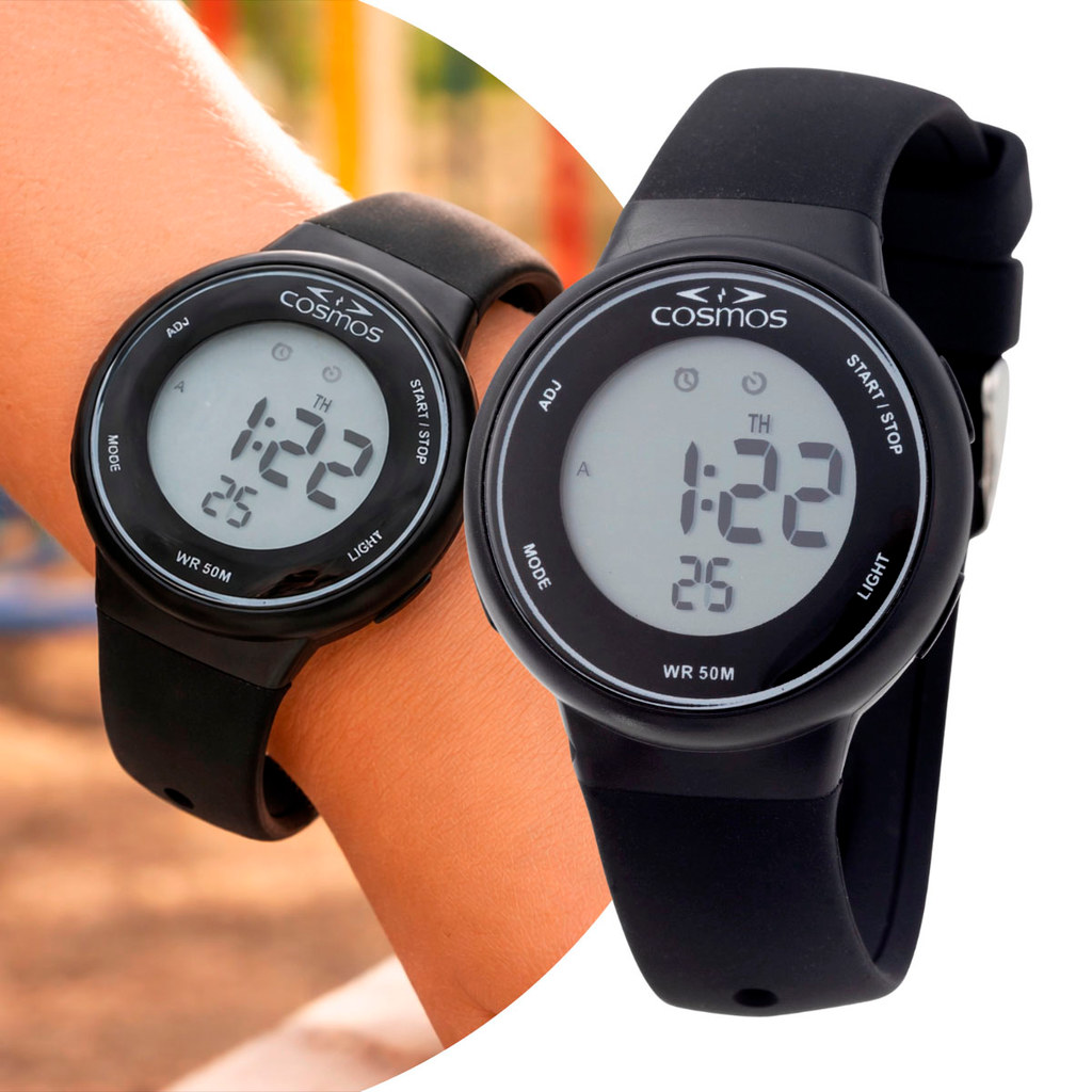 Relógio Infantil Digital Masculino de Pulso Preto com Pulseira de Silicone à Prova D' Água Cosmos Original
