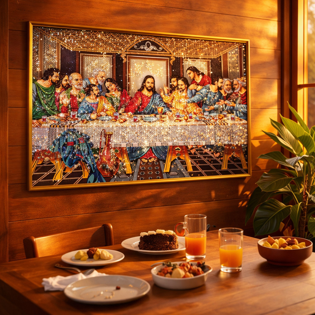 Lindo Quadro Religioso A Última Ceia Resina Brilho Alumínio MDF 50x80 70x110 Quadro de Parede Decoração Casa