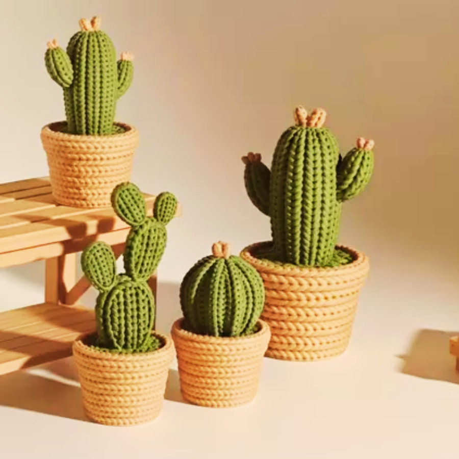 Oferta Especial Kit 3 Plantas decoração Efeito Tricô 3D com Vaso | Decoração para Sala Minimalista Escritório