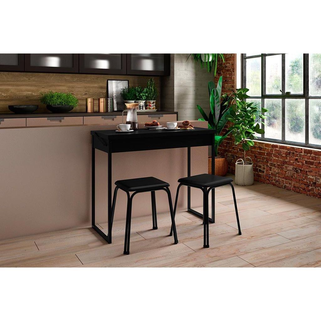Mesa para Cozinha Dobrável 1590 c/ 2 Banquetas Preto - Carraro