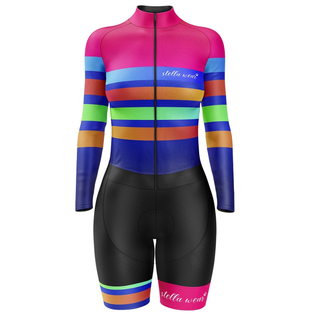 Macaquinho Ciclismo Feminino com Gel Acolchoado Bike MTB Speed Confortável Dry Fit Stella Wear Listras