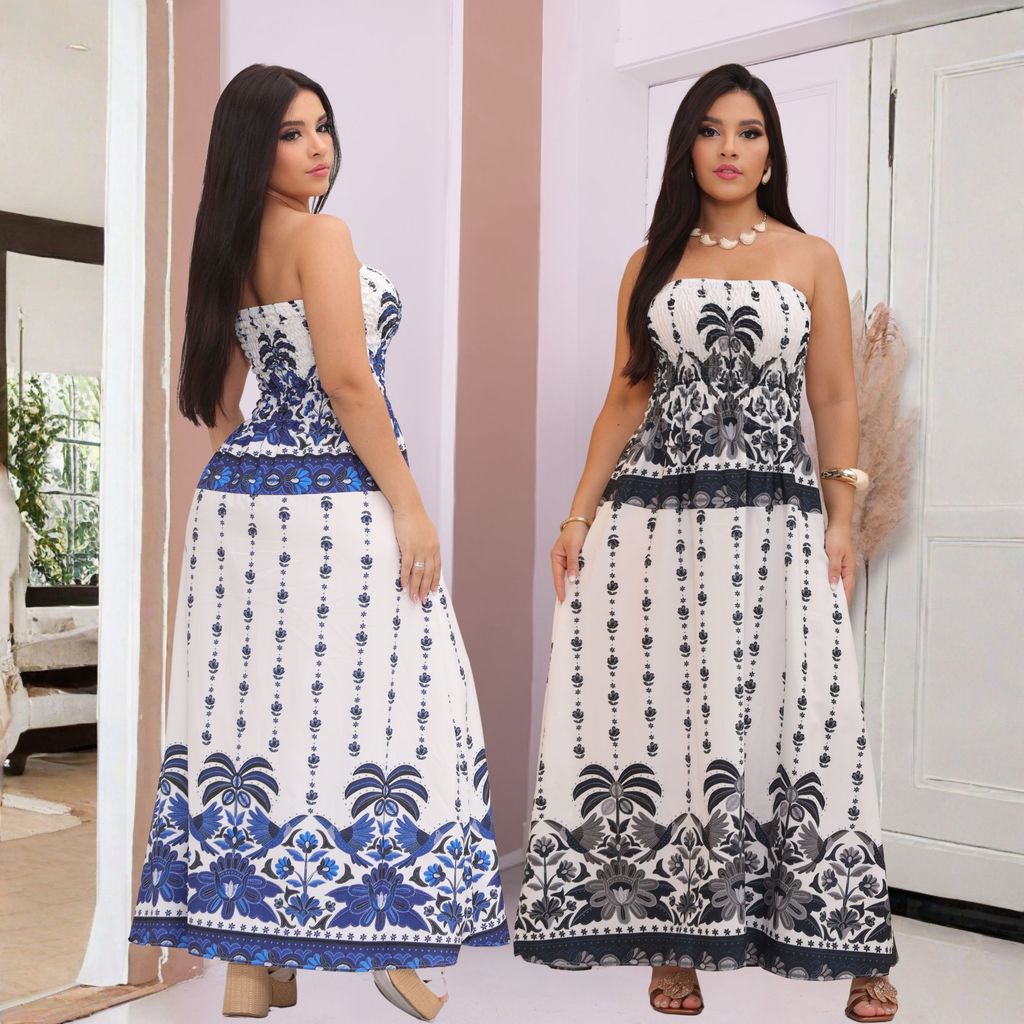 KIT-2 Peças Vestido Tropical Longo Tomara que Caia Estampado – Moda Feminina 2026 Azul + preto