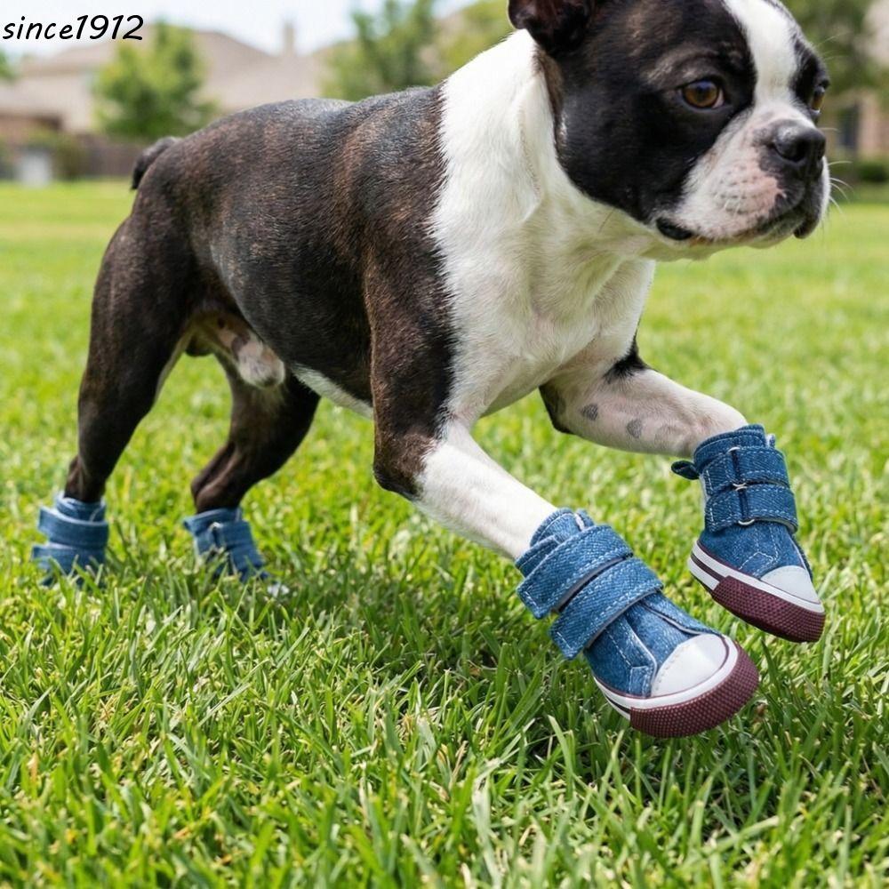 Desce 4 Pçs/set Tênis De Lona Para Cães , Resistente Ao Desgaste Respirável Antiderrapante Sapatos Animais De Estimação 