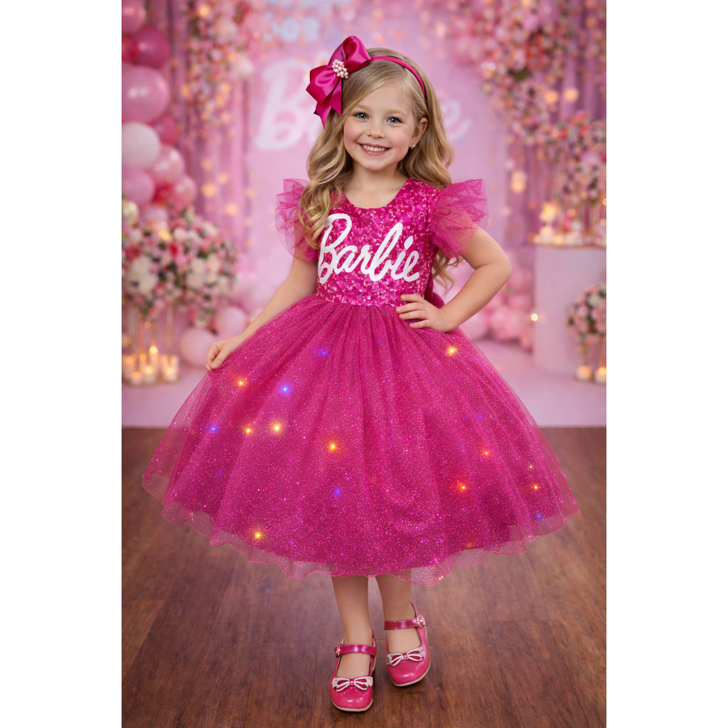 Vestido infantil Barbie Pink Saia Leds Aniversário Luxo Tematico em Oferta na Shopee