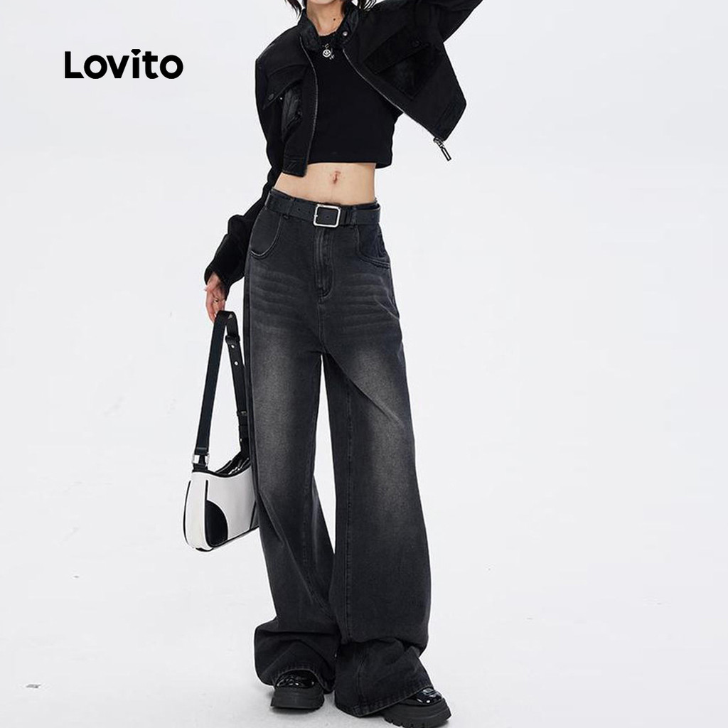Lovito Jeans Femininos Casuais Com Botão Liso E Bolso Frontal Com Zíper LNA49080