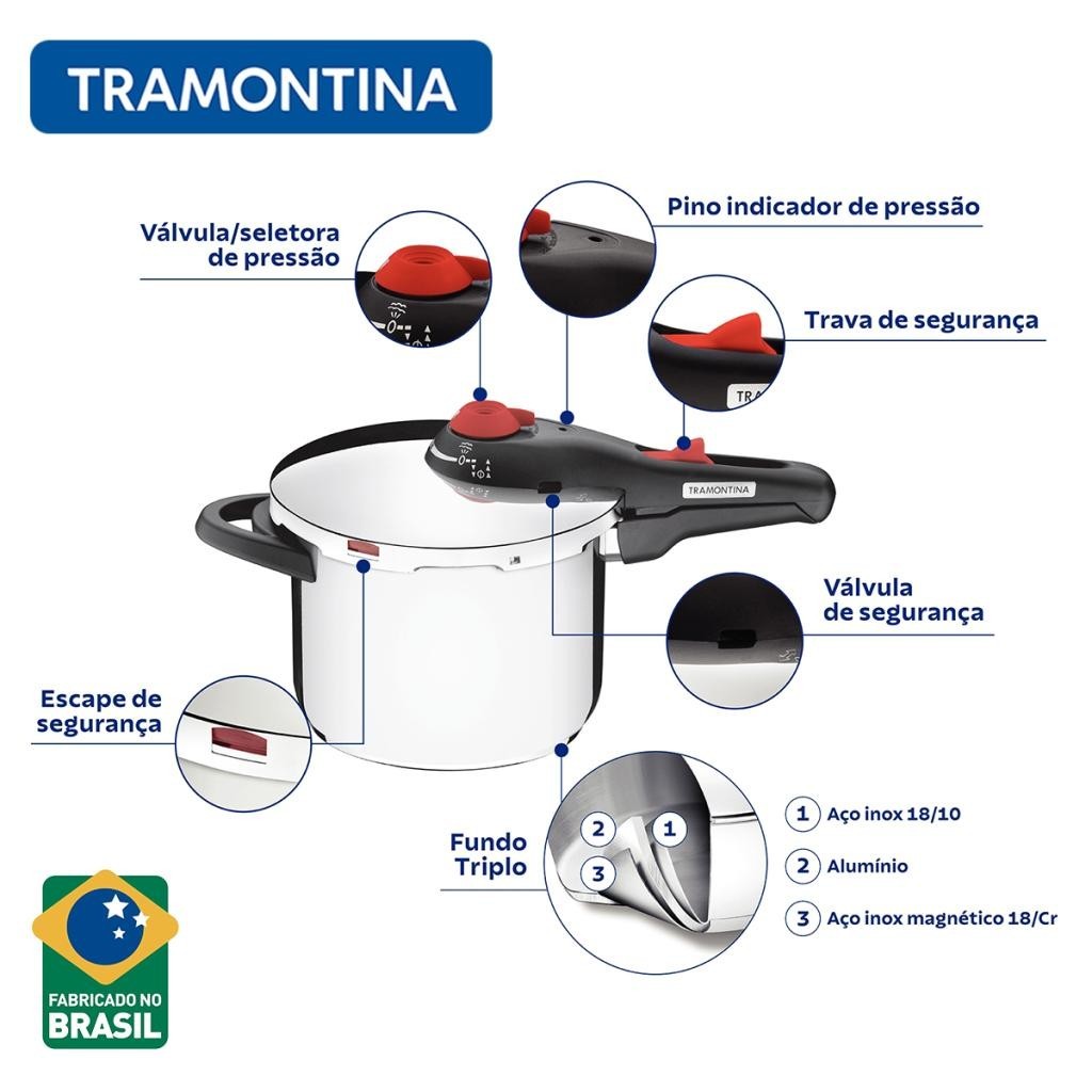 Panela de Pressão Tramontina Solar 6 Litros em Aço Inox Fundo Triplo e Indução com Concha Inox — imagem 2 de 2