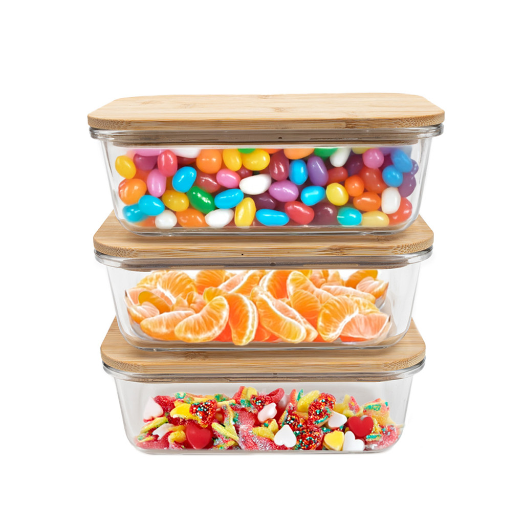 kit 3 potes de vidro 800ml tampa de bambu hermético marmita retangulares - Tud em Oferta na Shopee