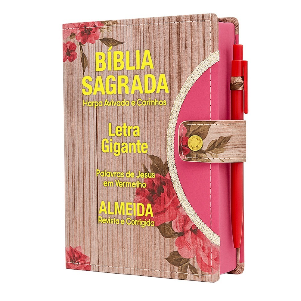 Bíblia Sagrada Letra Gigante - Romantic - Botão e Caneta Revista e Corrigida em Oferta na Shopee