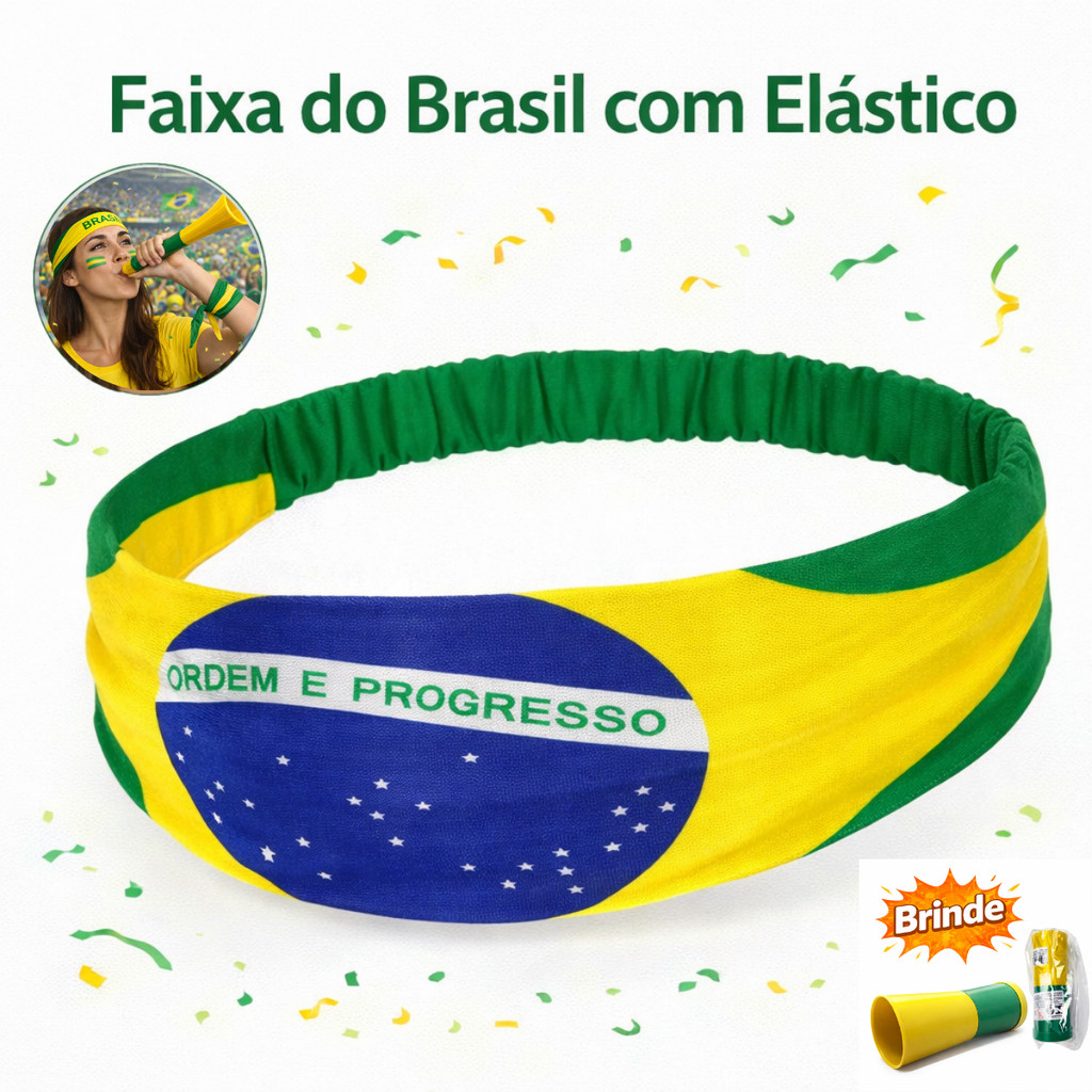 Faixa Brasil Copa do Mundo com Elástico + Corneta / Headband Verde Amarela / Jogo do Brasil