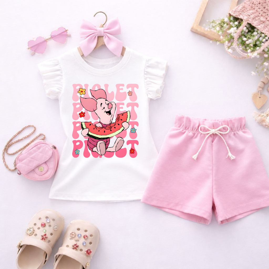 Conjunto Infantil Menina Blusa Babado Branca Estampa Piglet pooh Melancia + Short Rosa Look Blogueirinha Roupa Infantil