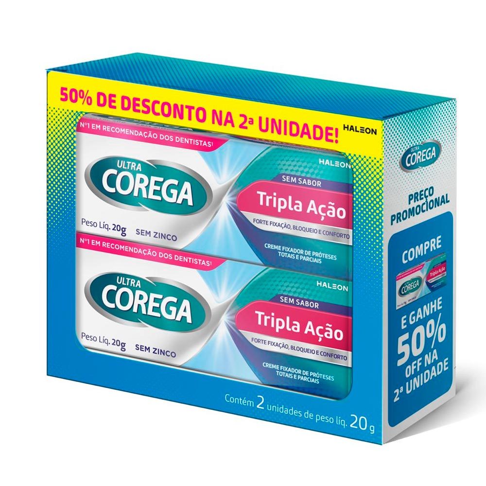 Corega Ultra Tripla Ação Fixador de Dentadura Sem Sabor 20g cada com 50% de Desconto na Segunda Unidade