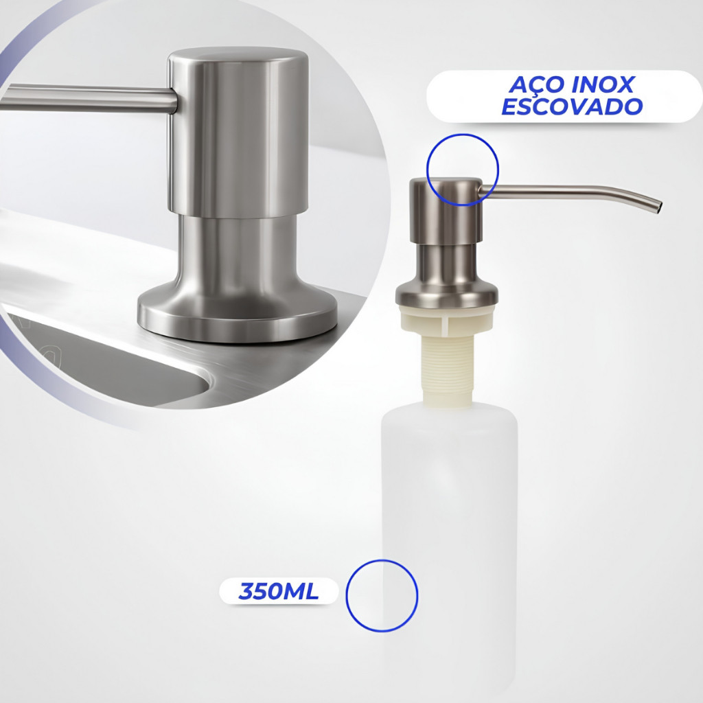 Dispenser Bancada Dosador De Embutir Pia Detergente Sabão Sabonete Liquido Metal Aço Inox Resistente Rotativo Removível