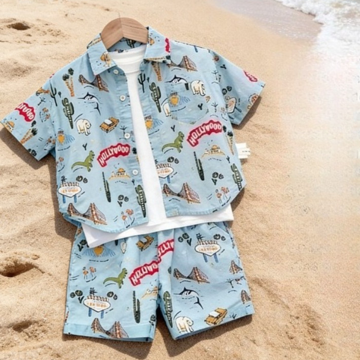 Roupa De Praia Para Bebês De 1 A 10 Anos , Camisa Com Estampa De Animais , Shorts , Conjunto Polo Havaiano Crianças , Me