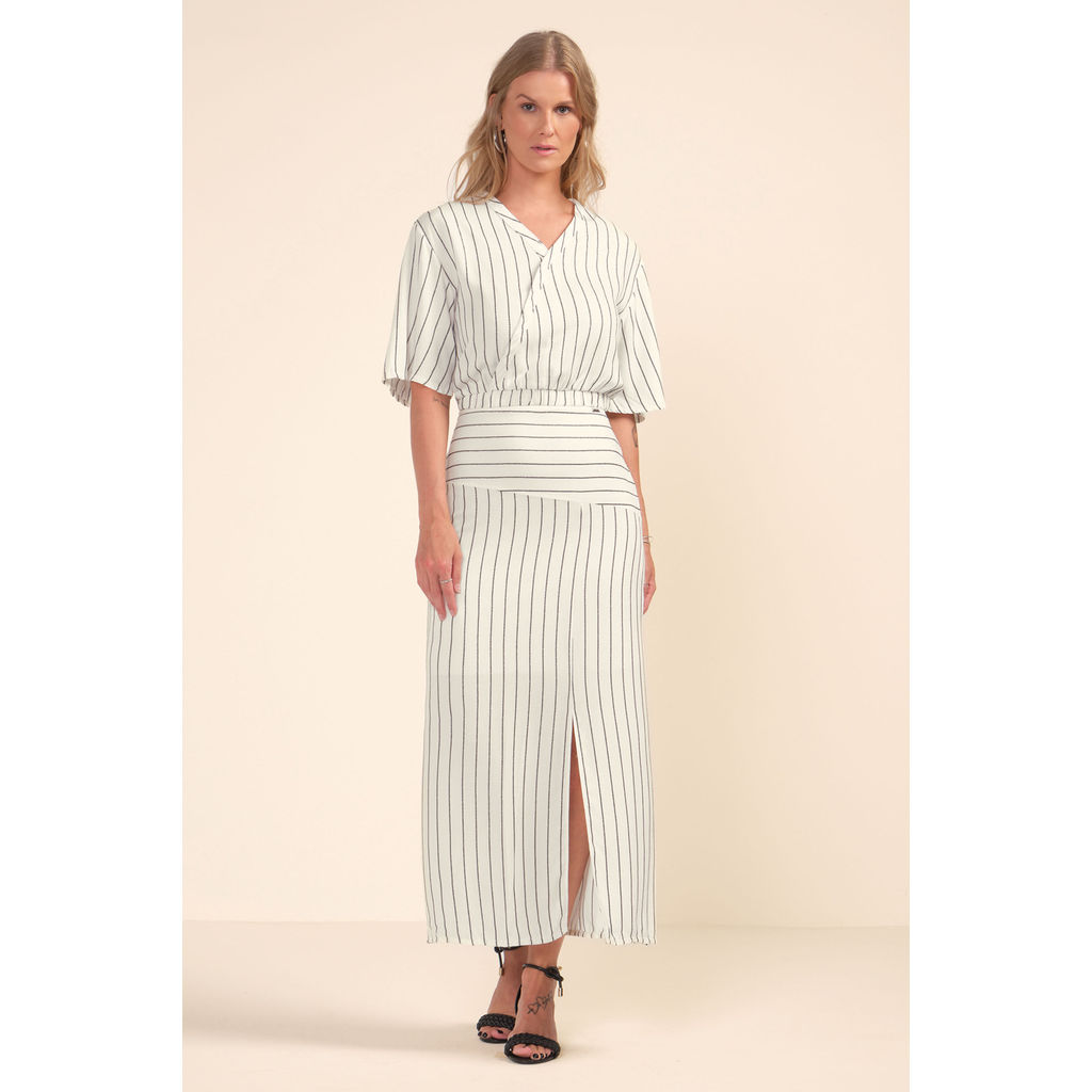 Saia Feminina Midi Listrada Com Fenda Marialícia Bege em Oferta na Shopee