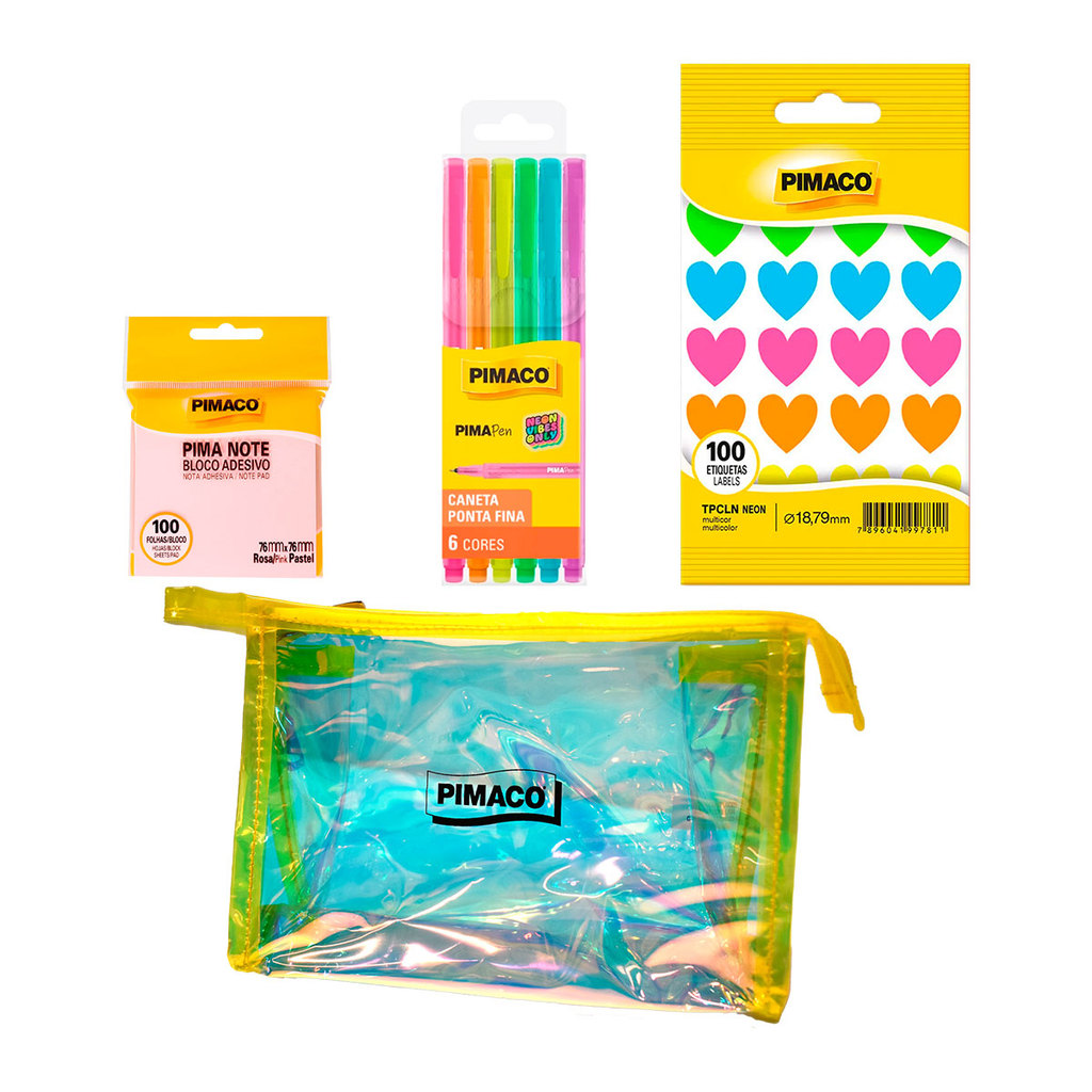 Kit Bloco Adesivo + TP Neon Coração + Pima Pen + Estojo holográfico Pimaco