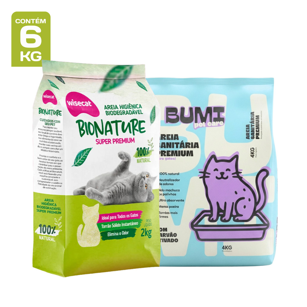 Arei para Gato Biodegradável Wisecat Milho e Mandioca + Bumi Pet Fina Carvão Ativado 6kg