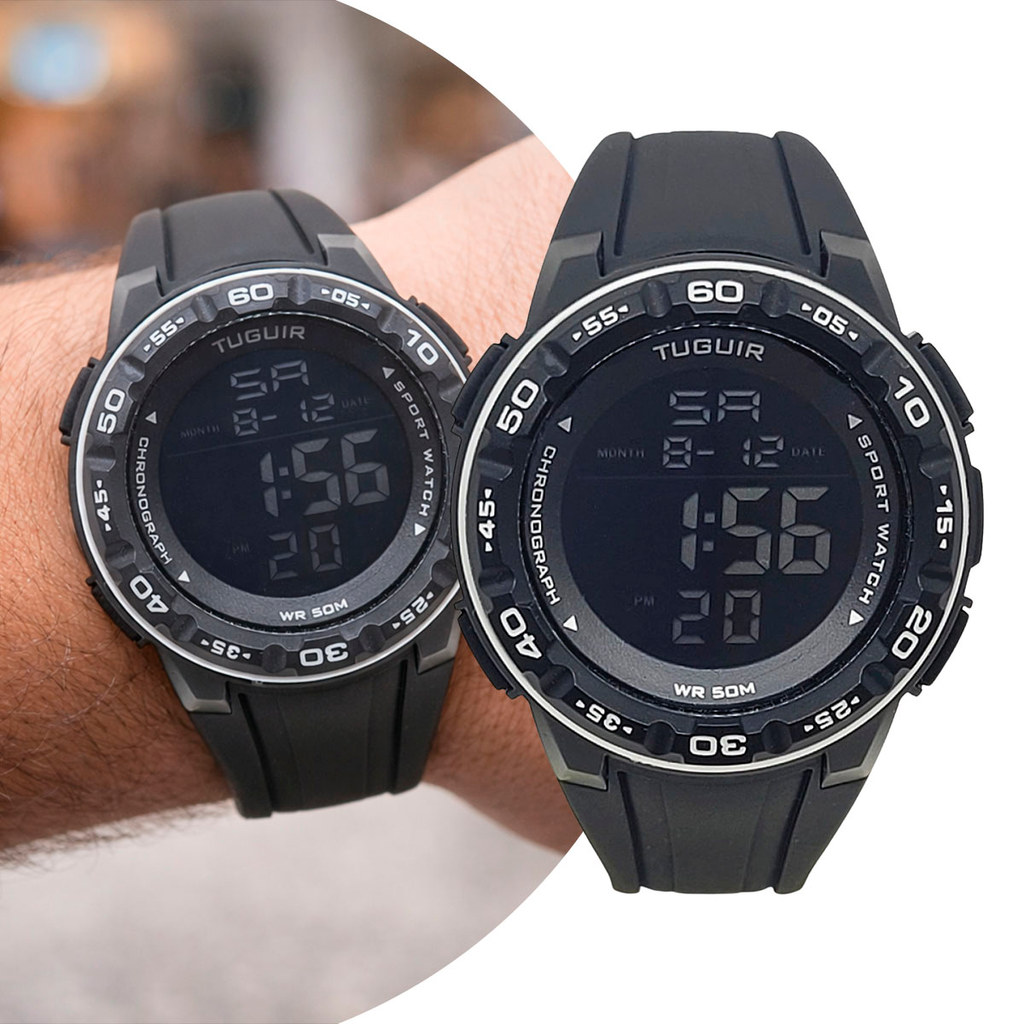 Relógio Masculino de Pulso Digital Preto com Pulseira de Silicone à Prova D Água Esportivo Casual Tático Militar Tuguir