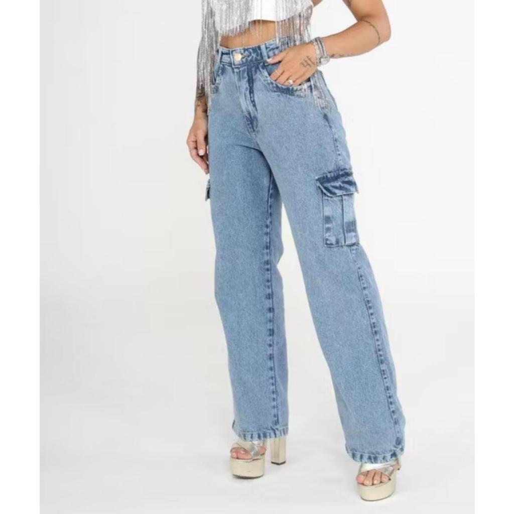 Calça Jeans Cargo Feminina Confortável Casual Versátil Tendência Elegante Moderna Festas Blogueira