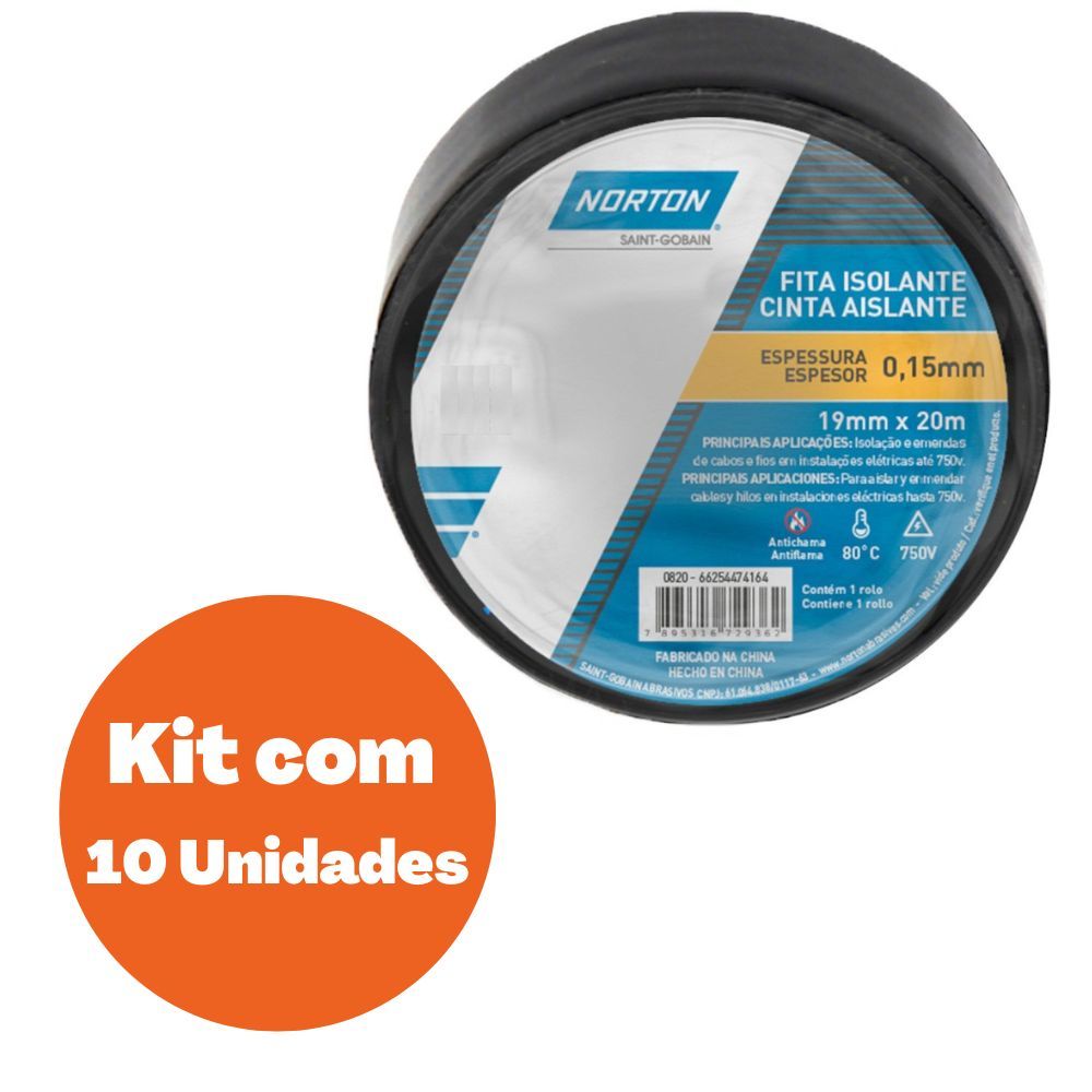 Kit 10 Fitas Isolante Norton Classic 19mm X 20m Importada - Embalagem Preto