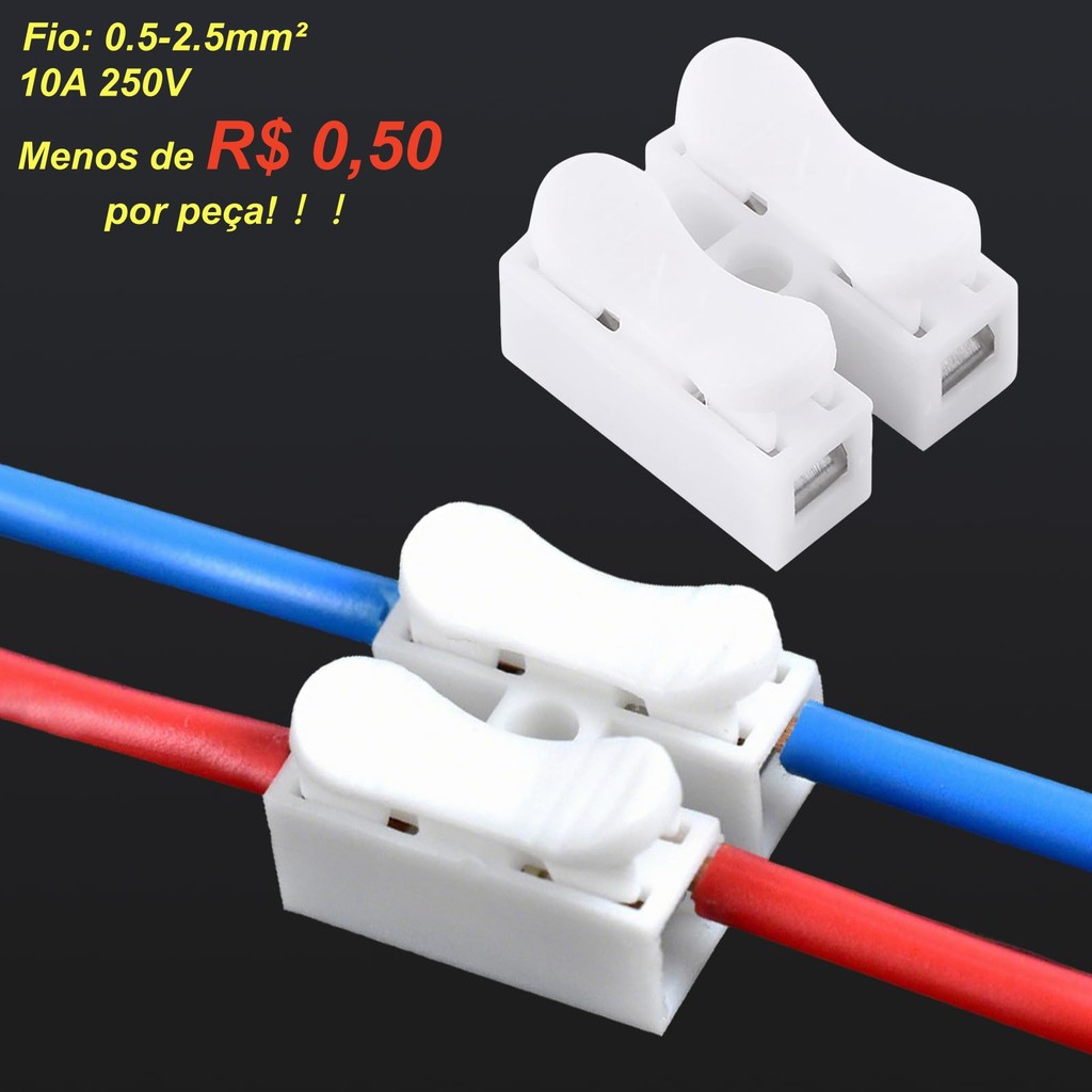 Kit 50pcs Conector de Pressão CH-2 2 Vias 2 em 2 Saída para Fios 0.5-2.5mm² Emenda Rápida sem Solda
