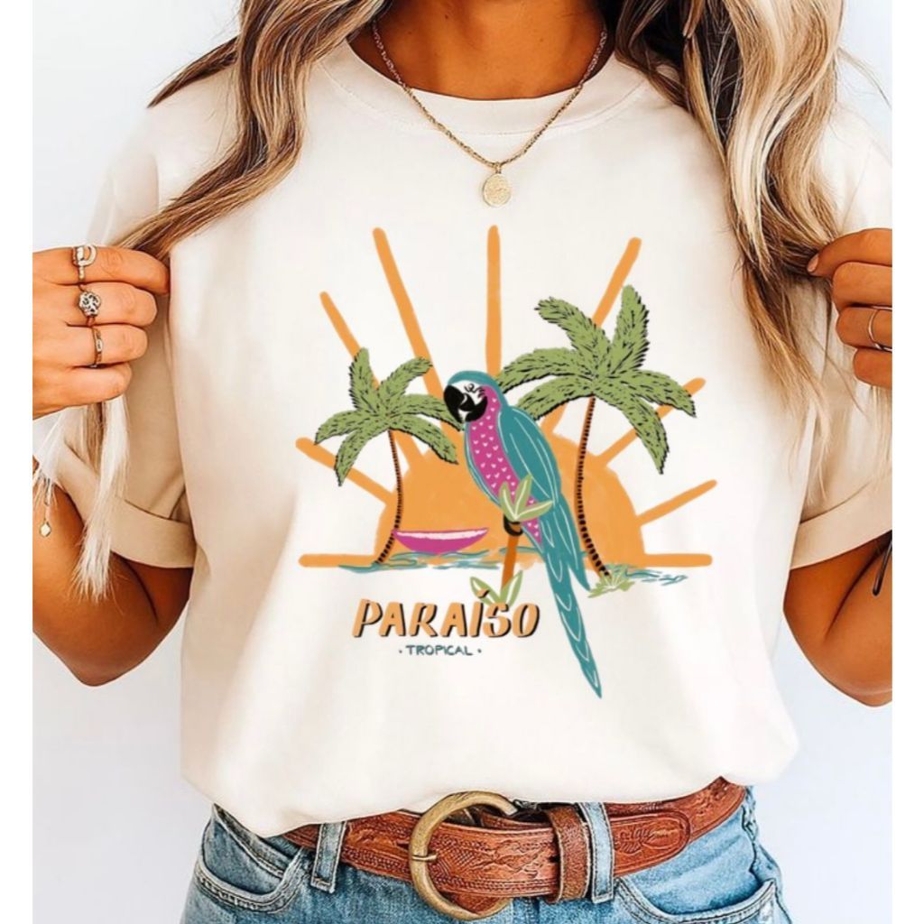 T-shirt Inspiração Farm Estampa Tropical Paraíso Moda Casual Verão 100% Algodão Linha Premium