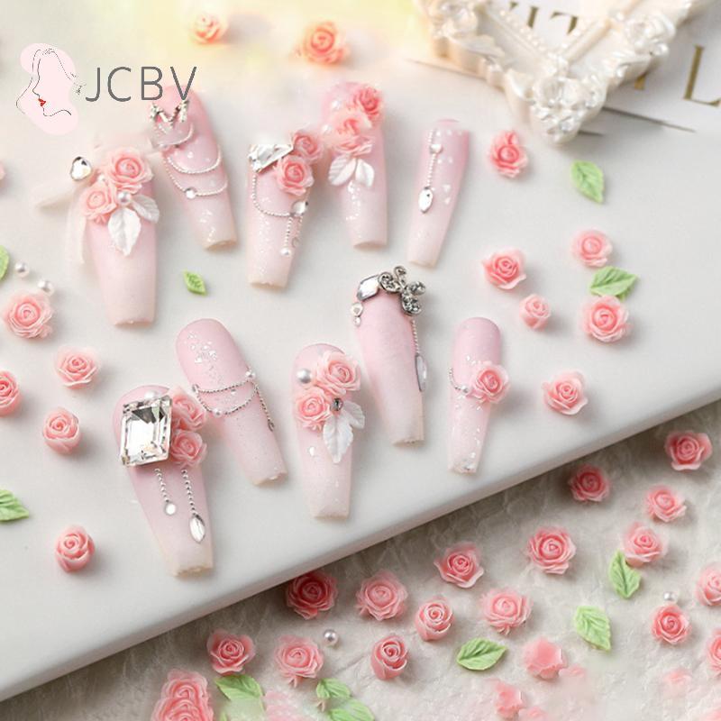 [JCBV] 50 Peças Tamanho 3D 6/7/8mm Pérola Resina Flor Rosa Amuletos De Unhas Acessórios Vermelho Arte De Unha Decoração 