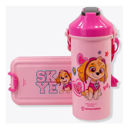 Kit Lancheira Infantil Skye Patrulha Canina Marmita + Garrafa Rosa Escolar Completo BPA Free