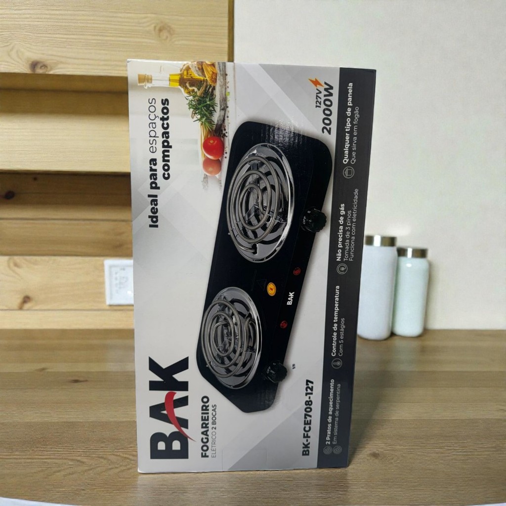 Fogareiro Elétrico 2 Bocas 2000W Portátil Mesa 127V ou 220V BAK-  PRONTA ENTREGA