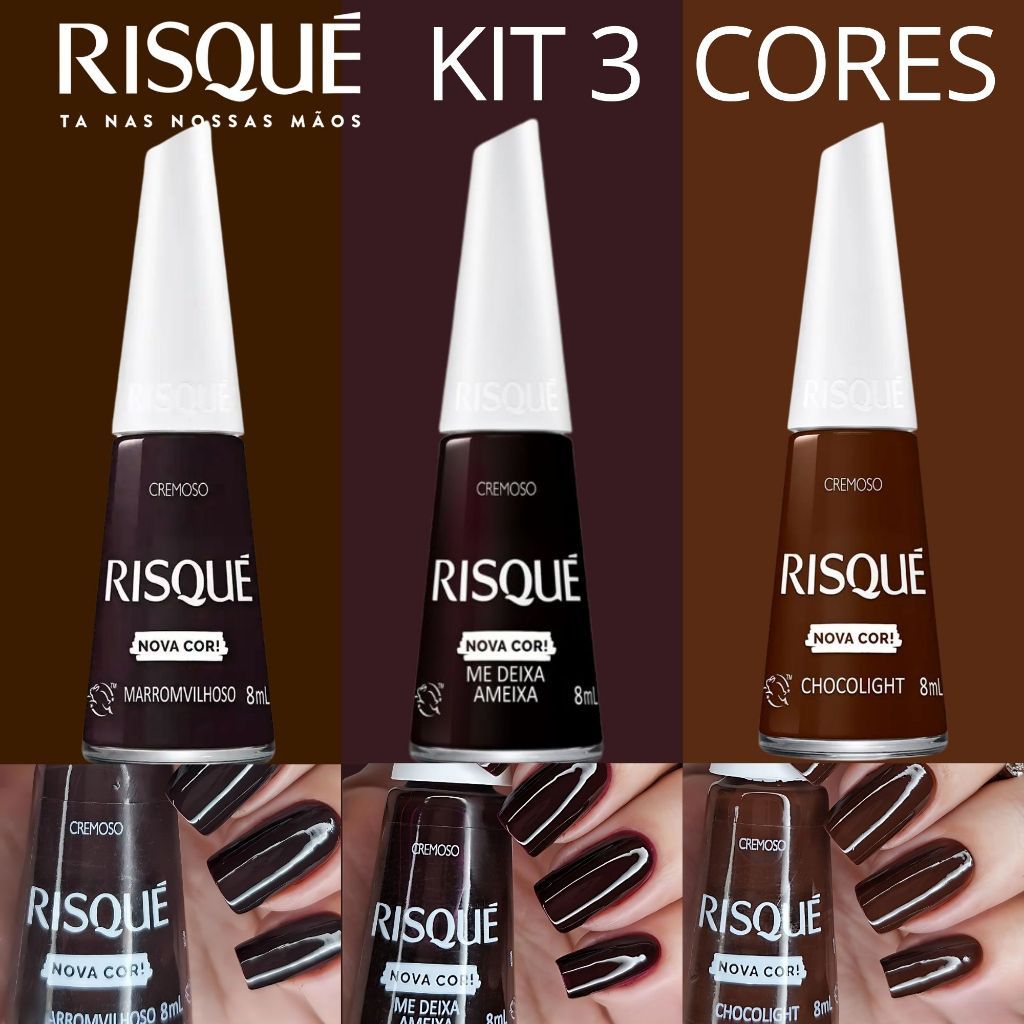 Kit 3 Esmaltes Risqué Novas Cores Cremosas Tons Terrosos Marrom Nude Esmalte Atacado