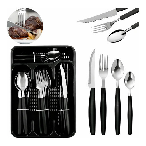 Jogo De Talheres 25 Peças Aço Inox Completo Com Suporte Preto